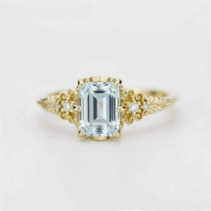 Emerald Cut Aquamarine engagement Ring, Vintage Style 18K Gold
