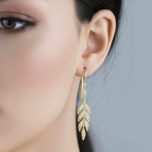 18K Gold Leaf Dangle Earrings, Nature Bride Gift Wife, Birthday Gift