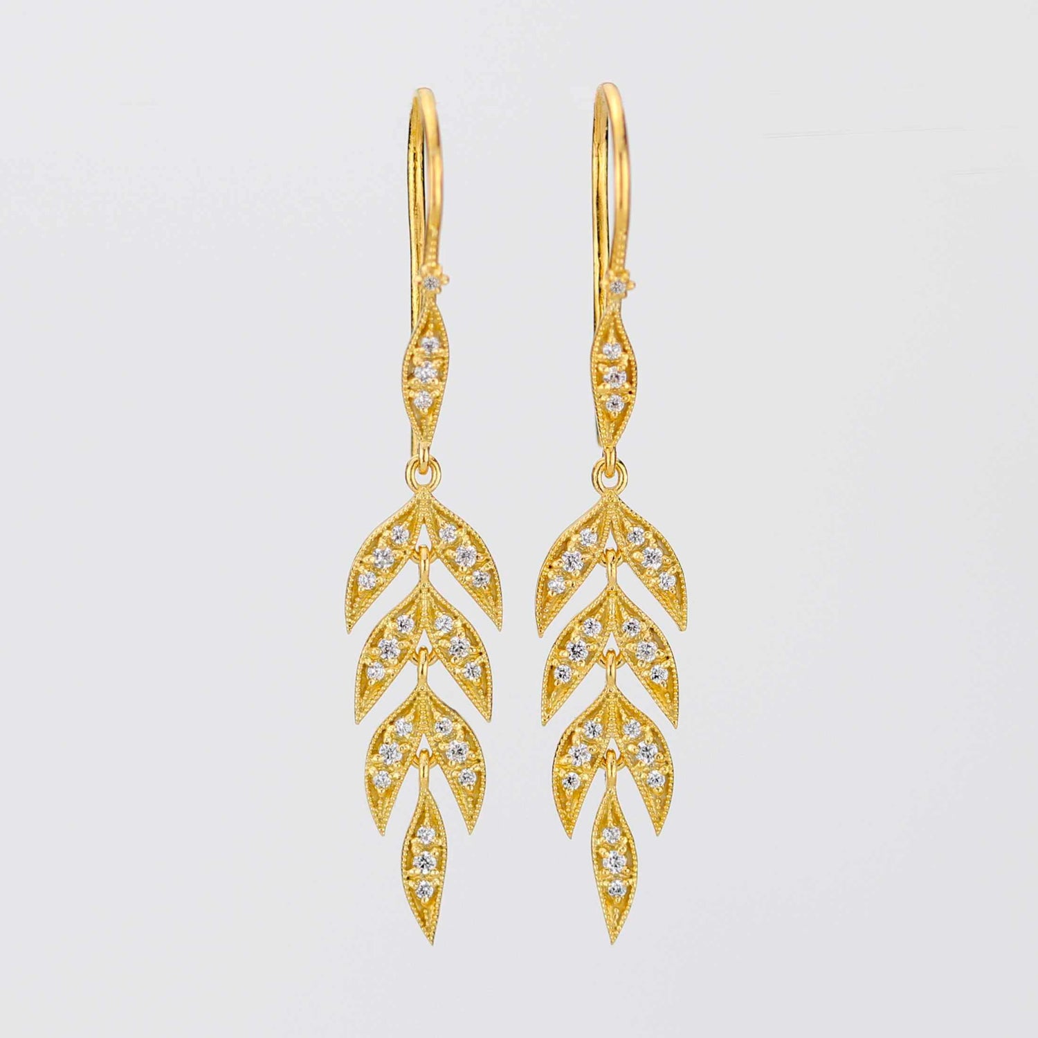 18K Gold Leaf Dangle Earrings, Nature Bride Gift Wife, Birthday Gift