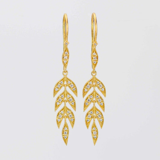 18K Gold Leaf diamond Dangle Earrings