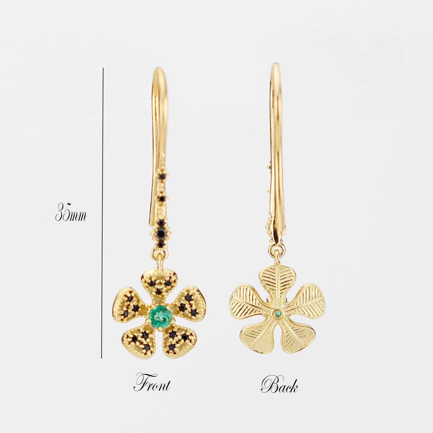 Handmade 18K Gold Flower Dangle Earrings with Natural Emerald | Fine Drop Jewelry for Women