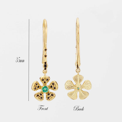 Handmade 18K Gold Flower Dangle Earrings with Natural Emerald | Fine Drop Jewelry for Women