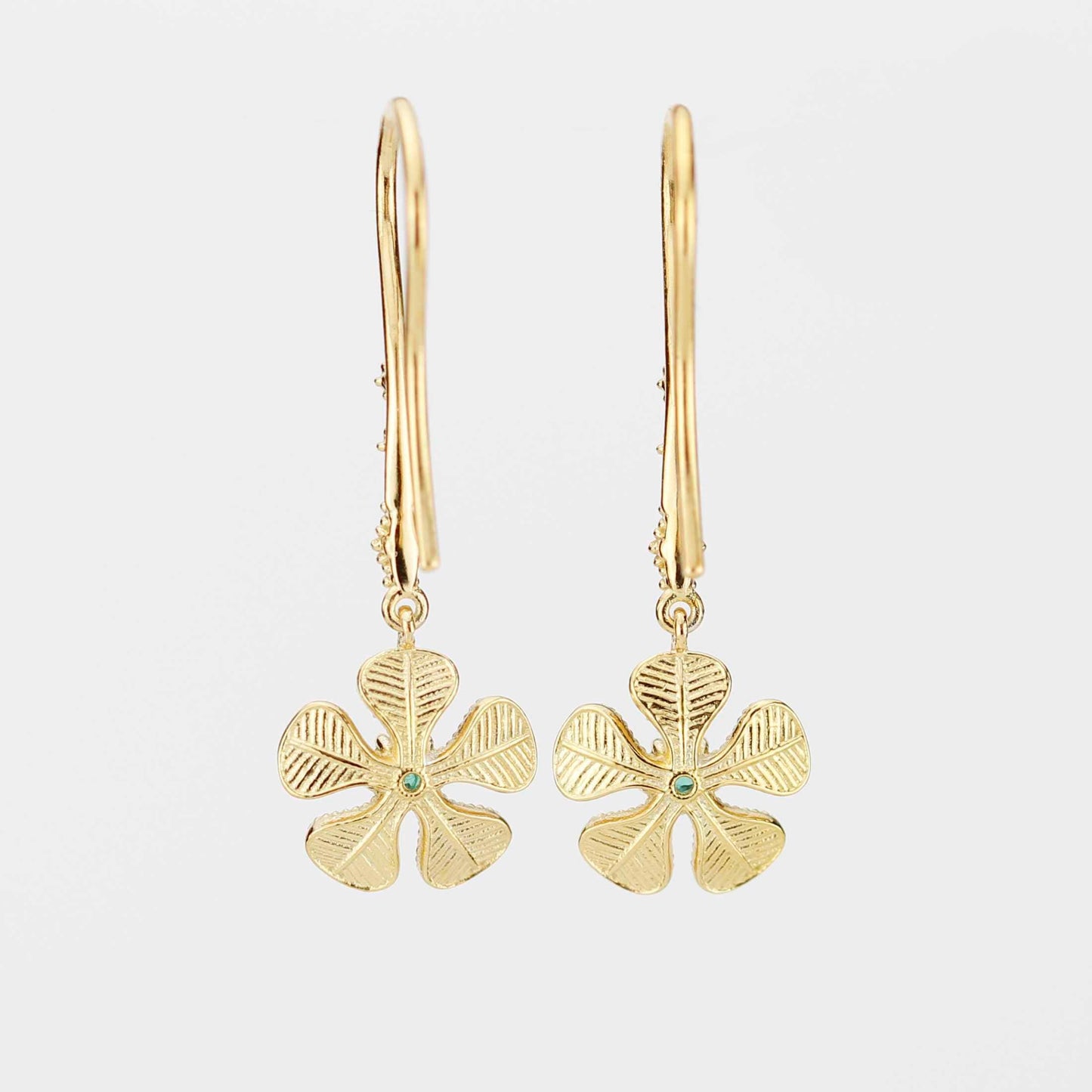 Handmade 18K Gold Flower Dangle Earrings with Natural Emerald | Fine Drop Jewelry for Women
