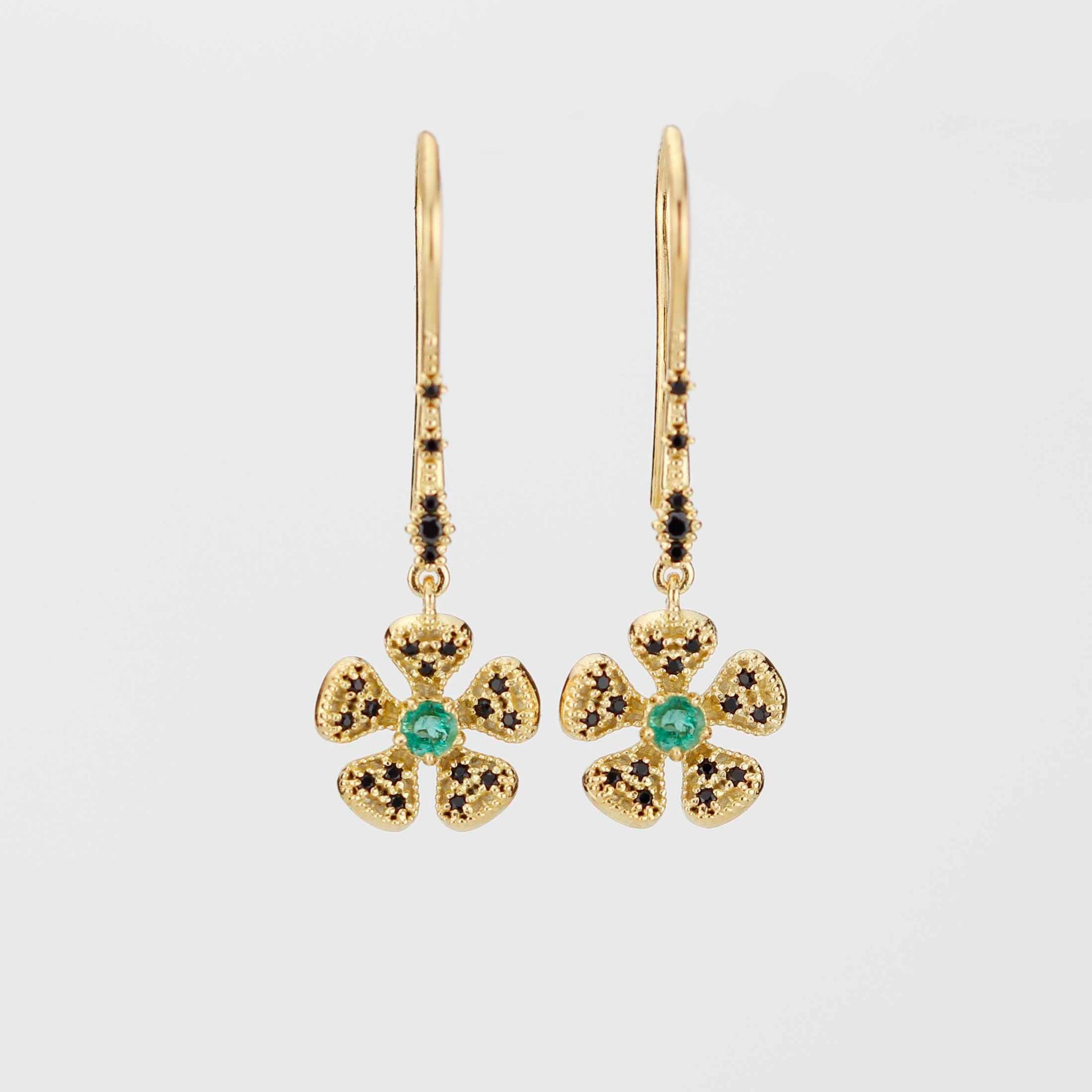 Handmade 18K Gold Flower Dangle Earrings with Natural Emerald | Fine Drop Jewelry for Women