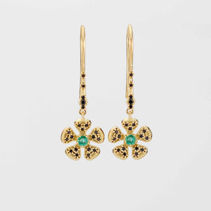 Handmade 18K Gold Flower Dangle Earrings with Natural Emerald | Fine Drop Jewelry for Women
