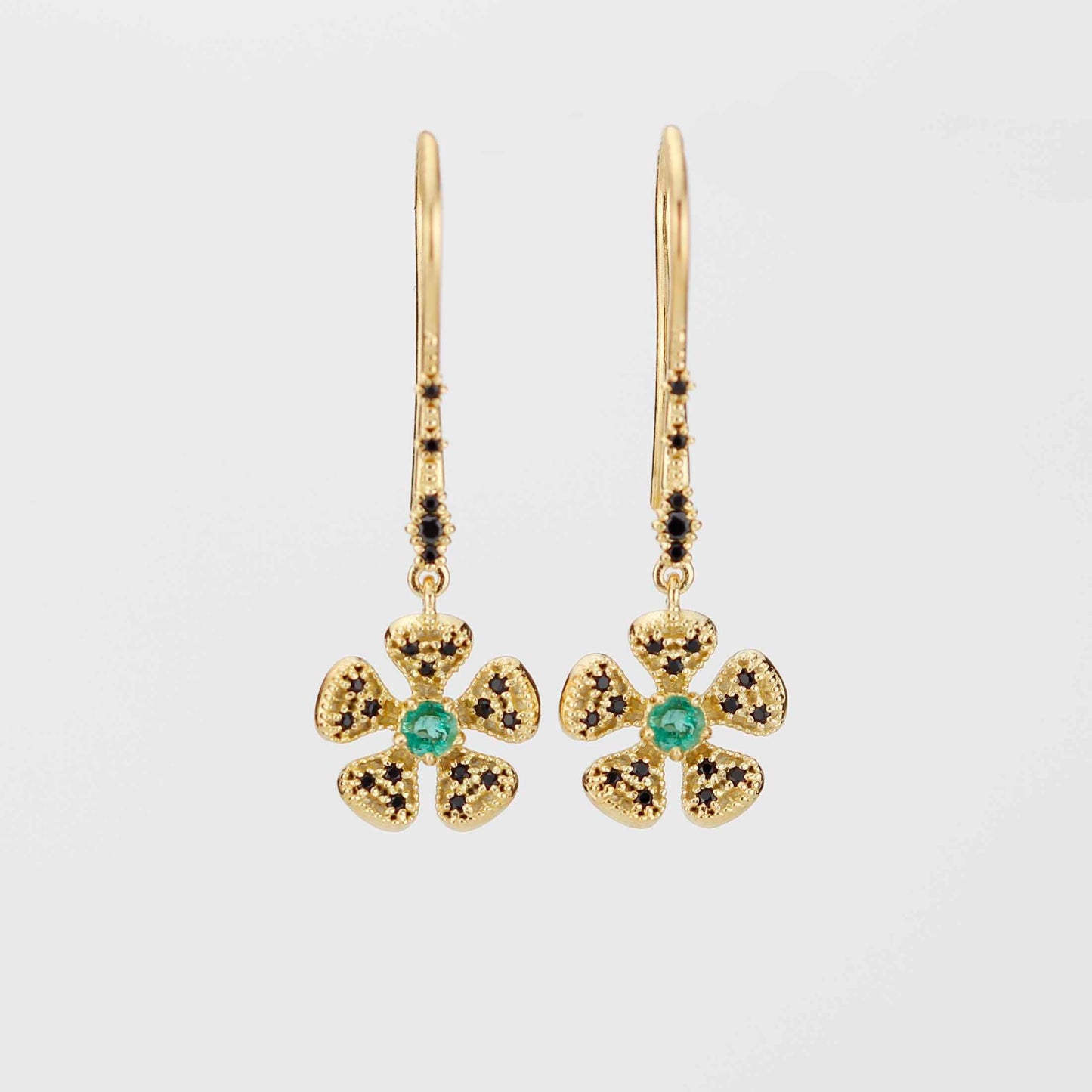 Handmade 18K Gold Flower Dangle Earrings with Natural Emerald | Fine Drop Jewelry for Women