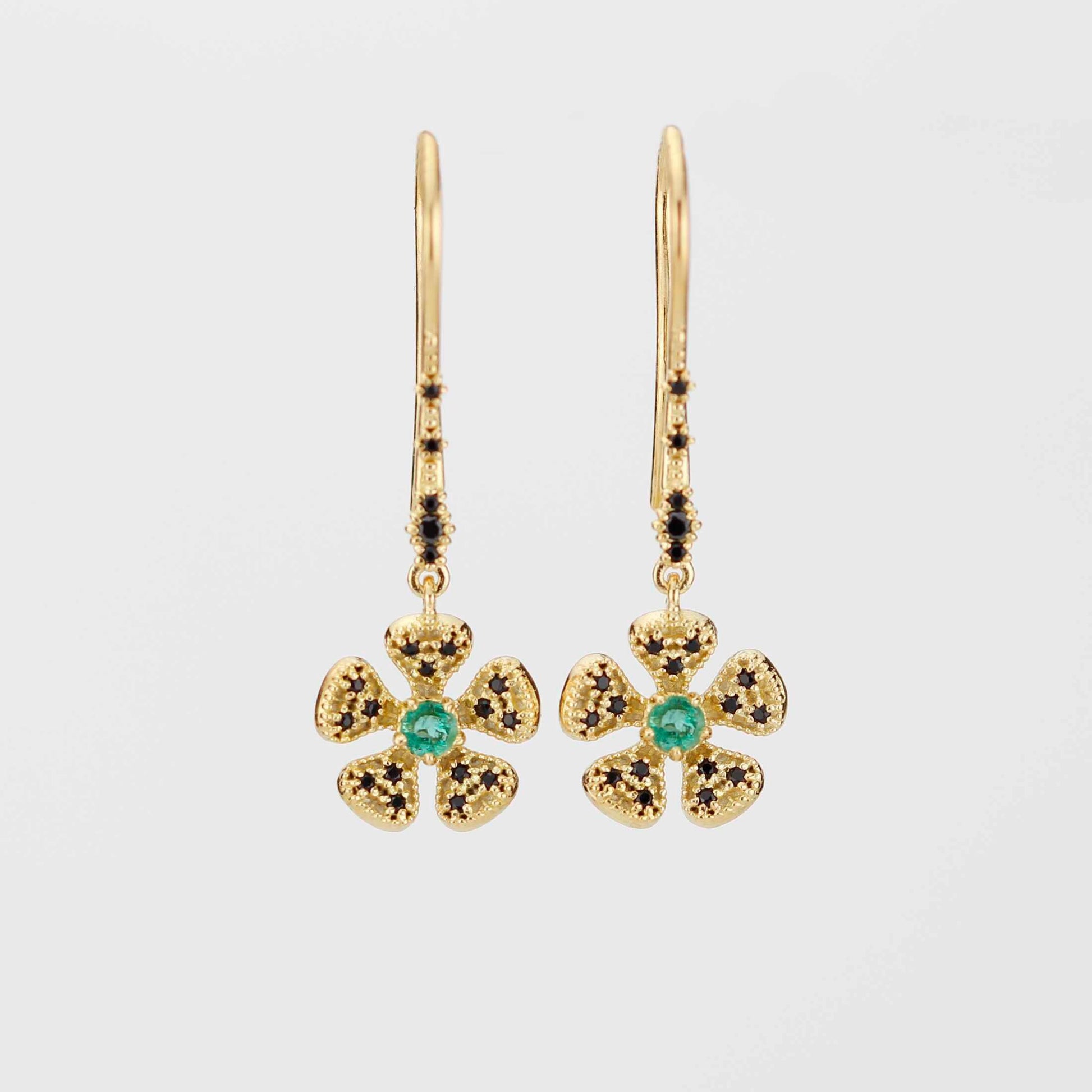 Handmade 18K Gold Flower Dangle Earrings with Natural Emerald | Fine Drop Jewelry for Women