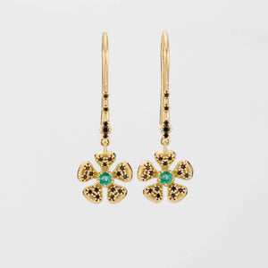 Handmade 18K Gold Flower Dangle Earrings with Natural Emerald | Fine Drop Jewelry for Women