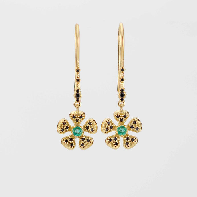Handmade 18K Gold Flower Dangle Earrings with Natural Emerald | Fine Drop Jewelry for Women