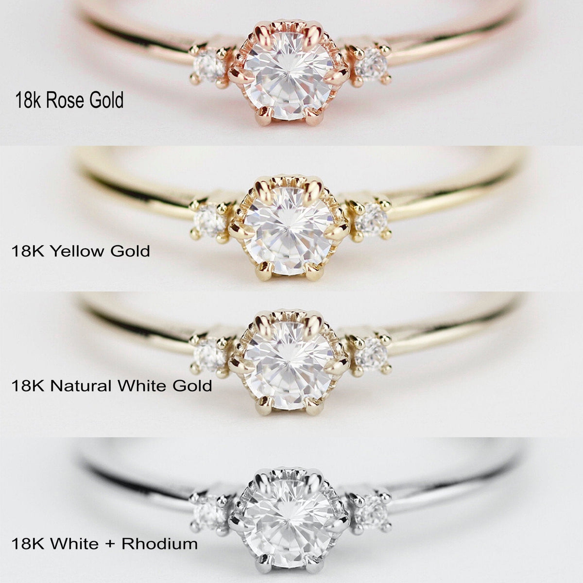 18k gold three stone ring with a round lab grown diamond, yellow, rose, natural white and rhodium
