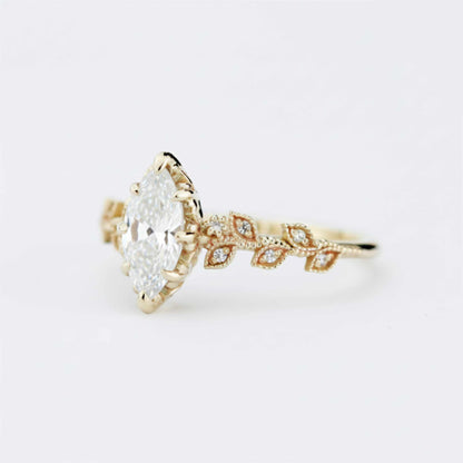 Zertifizierter Moissanit-Blattring (10 x 5 mm, Marquise-Schliff) | 18 Karat Gold und Diamanten