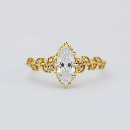 Zertifizierter Moissanit-Blattring (10 x 5 mm, Marquise-Schliff) | 18 Karat Gold und Diamanten