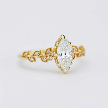 Zertifizierter Moissanit-Blattring (10 x 5 mm, Marquise-Schliff) | 18 Karat Gold und Diamanten
