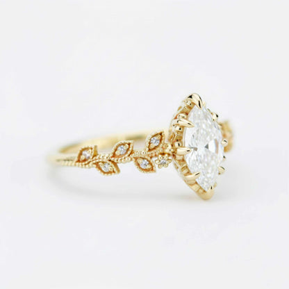 Zertifizierter Moissanit-Blattring (10 x 5 mm, Marquise-Schliff) | 18 Karat Gold und Diamanten