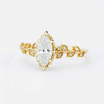 Zertifizierter Moissanit-Blattring (10 x 5 mm, Marquise-Schliff) | 18 Karat Gold und Diamanten