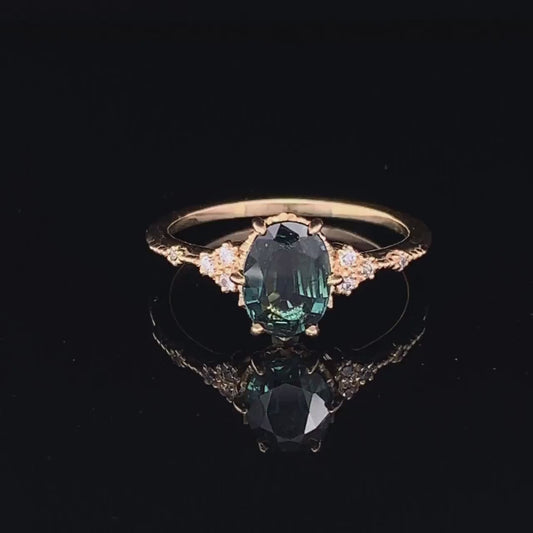 Teal Peacock Sapphire and diamond engagement ring, oval teal ring, vintage teal sapphire ring | R 349TEALS