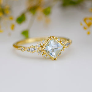 Aquamarine engagement ring vintage unique, princess cut engagement ring | R339AQ