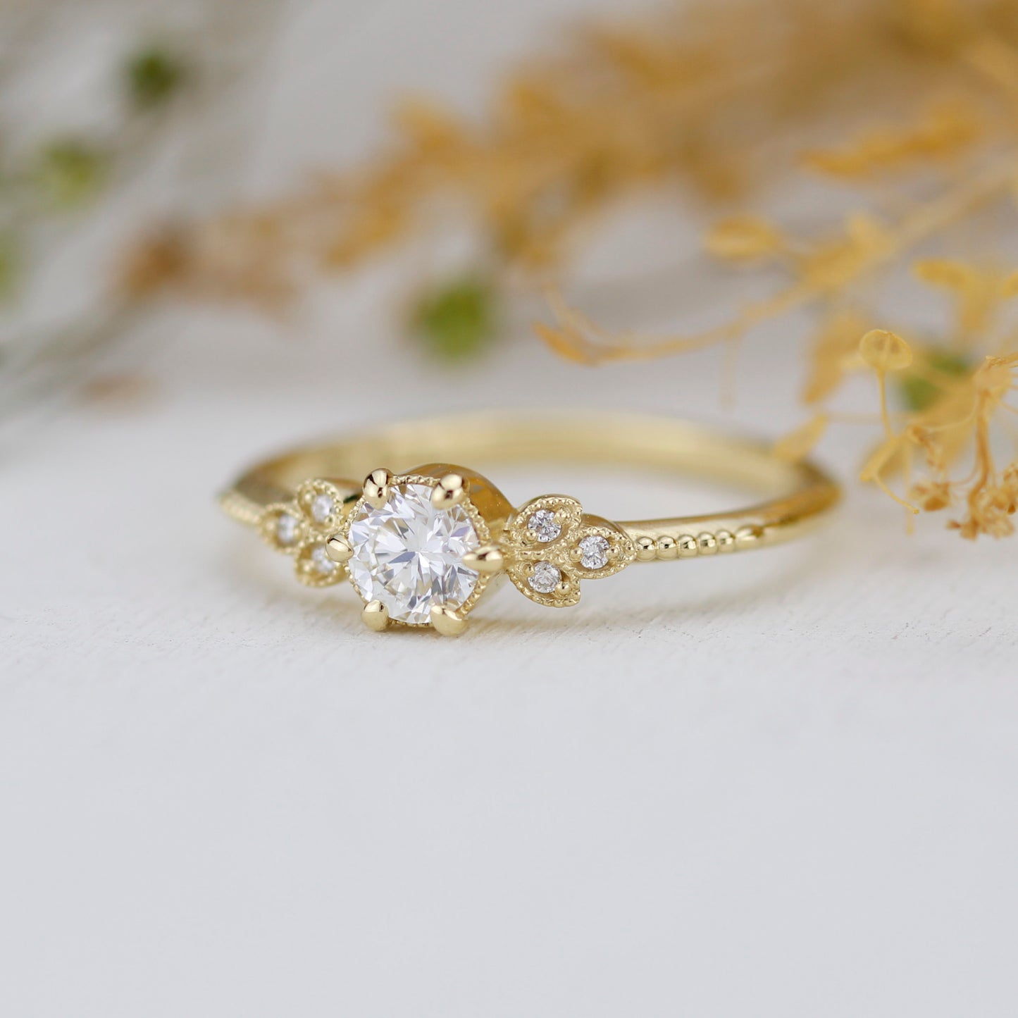 18k Gold Round Diamond Art Deco Engagement Ring | GIA Certified 0.30ct