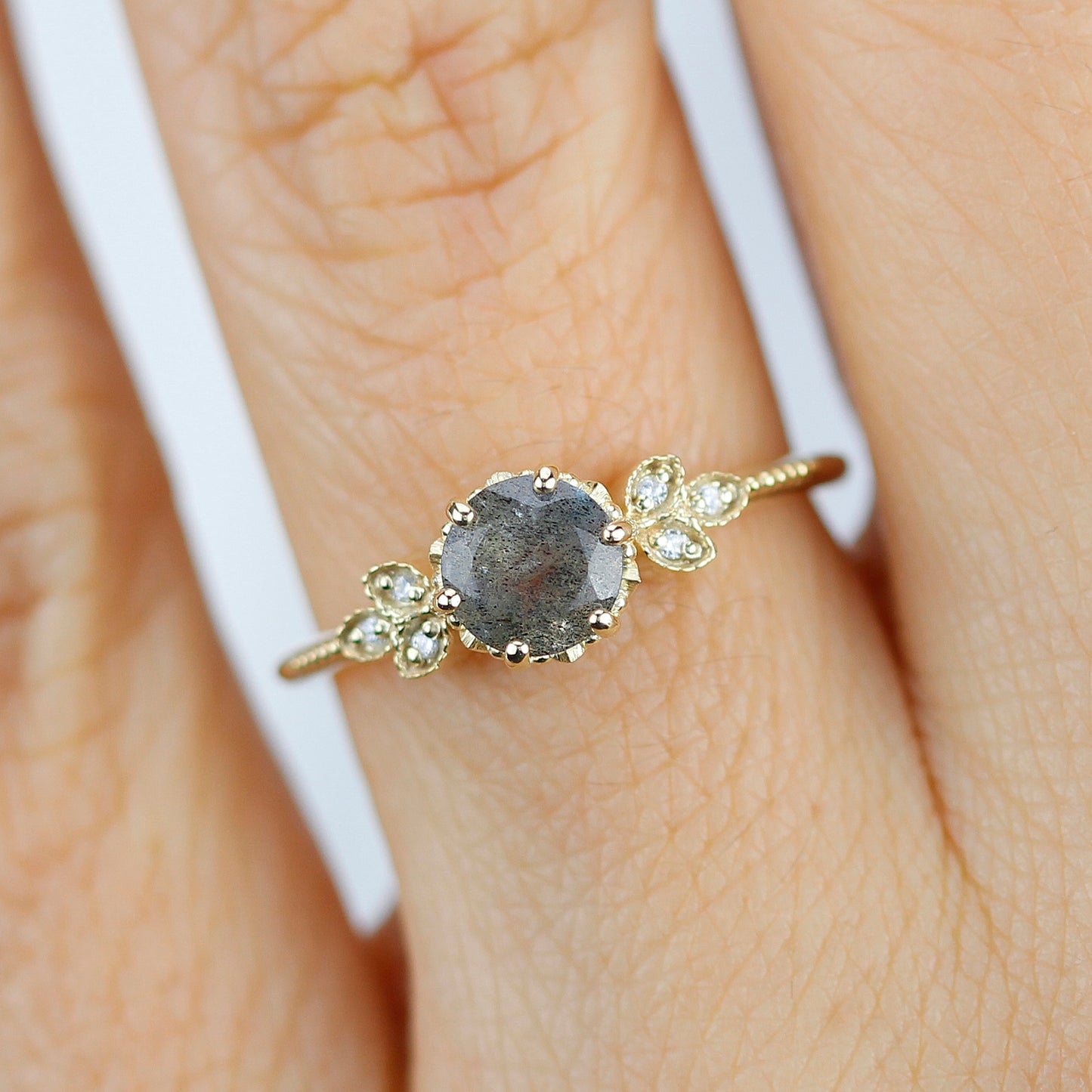 Labradorite and diamond engagement ring, labradorite and marquise setting cluster ring - NOOI JEWELRY