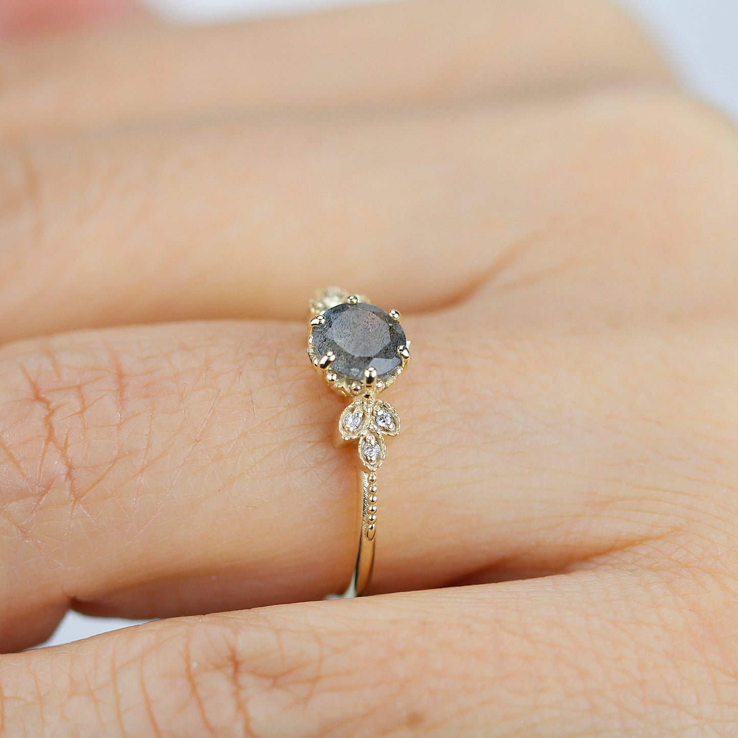 Labradorite and diamond engagement ring, labradorite and marquise setting cluster ring - NOOI JEWELRY