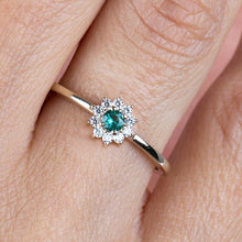 Load image into Gallery viewer, classic engagement ring with emerald and diamonds, simple ring with emerald and diamonds, gold ring and diamonds, diamond and emerald ring - NOOI JEWELRY