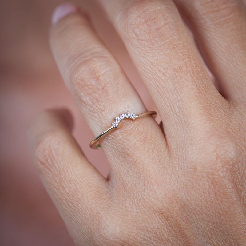 Diamond Wedding Band, Curved Diamond Wedding Band 18K Gold, Crown Wedding Ring, Curved Diamond Band, Wedding Ring Set - NOOI JEWELRY