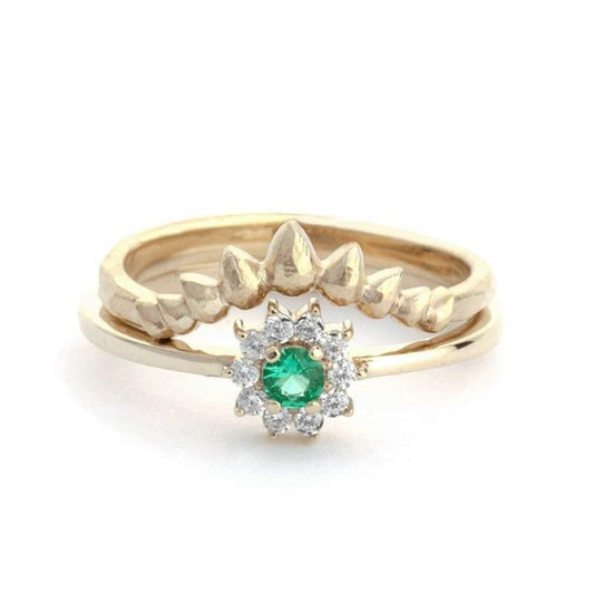 Cluster Engagement Ring Curved Engagement Ring,Engagement Ring, Curved Engagement Ring,Wedding Emerald Set, Delicate Ring,Chevron Ring - NOOI JEWELRY