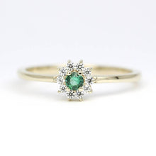 Load image into Gallery viewer, classic engagement ring with emerald and diamonds, simple ring with emerald and diamonds, gold ring and diamonds, diamond and emerald ring - NOOI JEWELRY