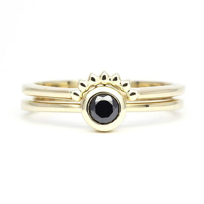 Black Diamond Engagement Ring, Yellow gold black diamond ring, Black Engagement Ring and matching Wedding Band, Gold Engagement Ring - NOOI JEWELRY
