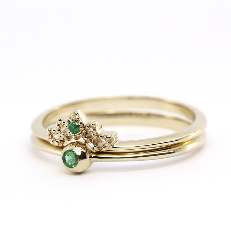 Wedding Ring Set, Curved Wedding Band, Emerald Wedding Set, Wedding Set Ring, Crown Ring, Engagement Ring, Engagement Ring Set, Bridal Set - NOOI JEWELRY