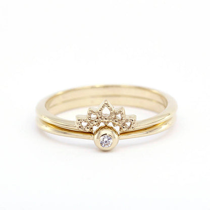 Wedding Ring Set, Curved Wedding Band, Wedding Set Ring, Crown Ring, Engagement Ring, Wedding Diamond Ring, Bridal Set, Stackable Rings - NOOI JEWELRY