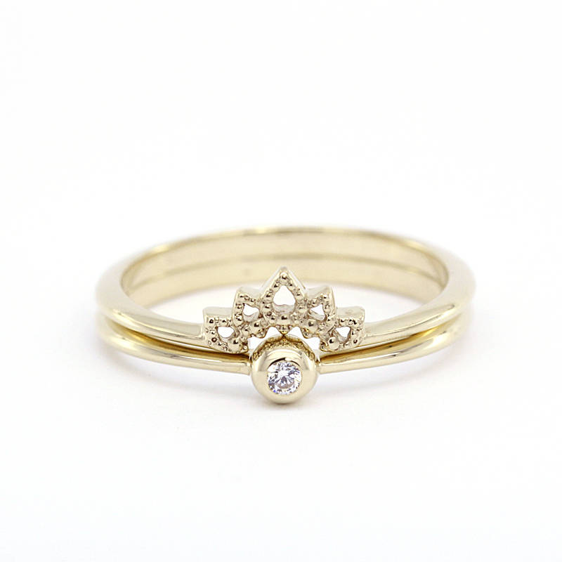 Wedding Ring Set, Curved Wedding Band, Wedding Set Ring, Crown Ring, Engagement Ring, Wedding Diamond Ring, Bridal Set, Stackable Rings - NOOI JEWELRY