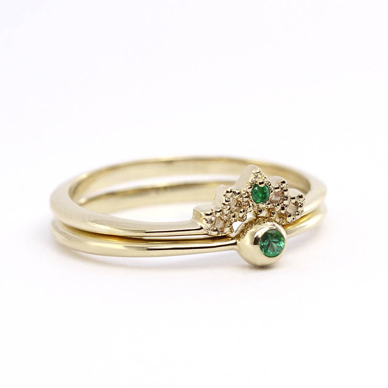Wedding Ring Set, Curved Wedding Band, Emerald Wedding Set, Wedding Set Ring, Crown Ring, Engagement Ring, Engagement Ring Set, Bridal Set - NOOI JEWELRY