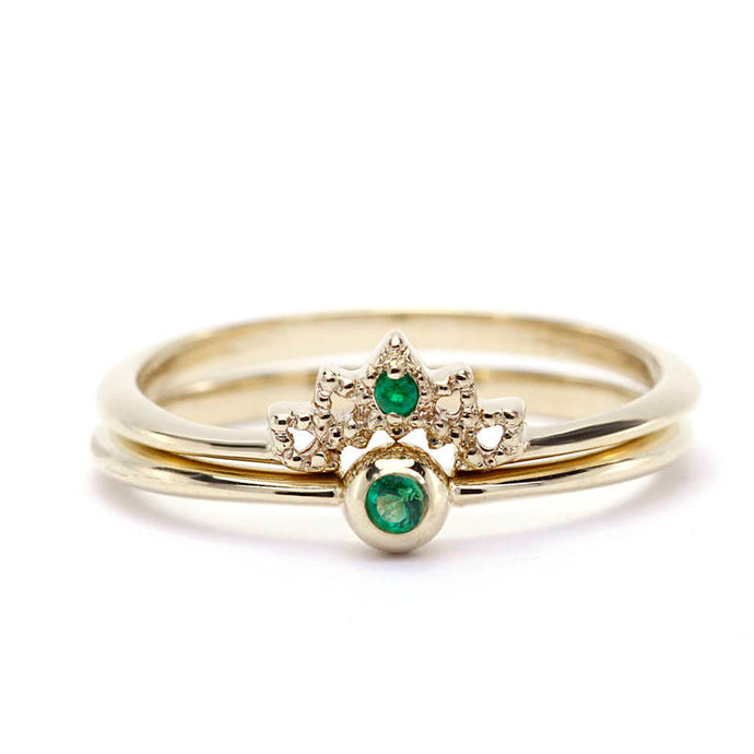 Wedding Ring Set, Curved Wedding Band, Emerald Wedding Set, Wedding Set Ring, Crown Ring, Engagement Ring, Engagement Ring Set, Bridal Set - NOOI JEWELRY