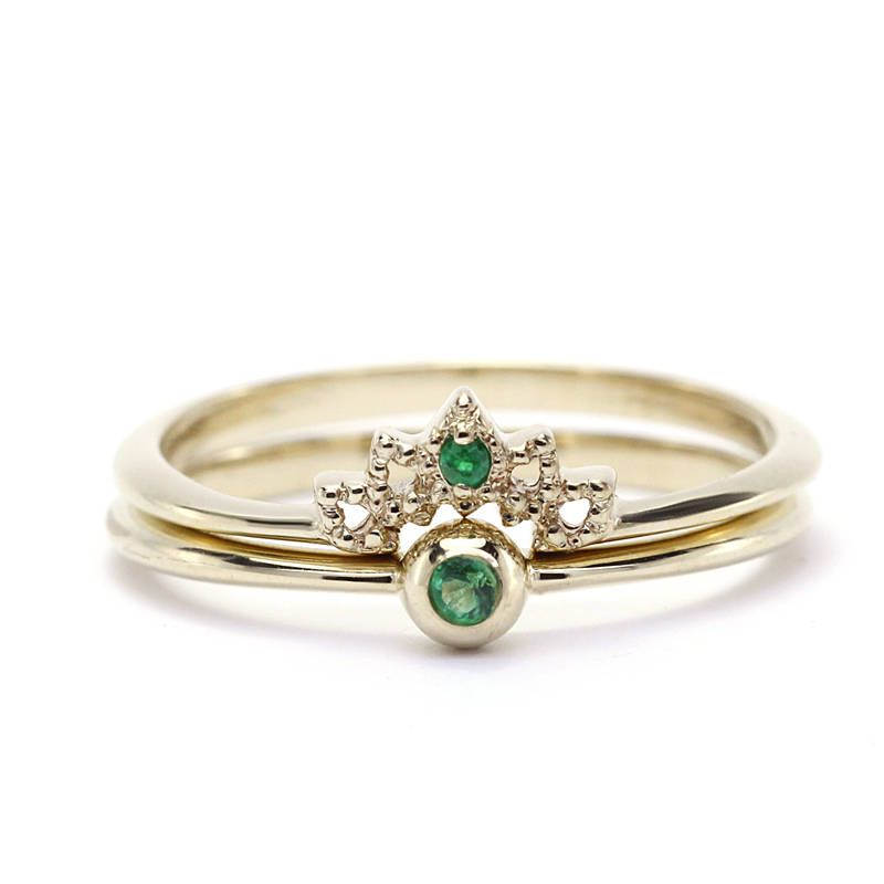 Wedding Ring Set, Curved Wedding Band, Emerald Wedding Set, Wedding Set Ring, Crown Ring, Engagement Ring, Engagement Ring Set, Bridal Set - NOOI JEWELRY