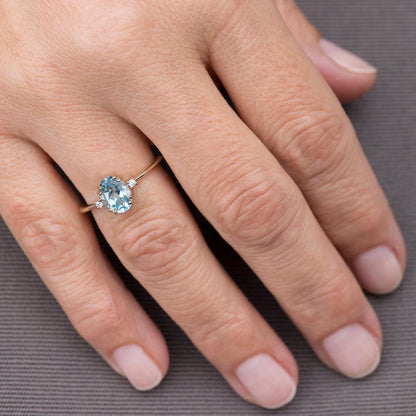 Oval engagement ring topaz and diamonds, cluster ring sky blue topaz - NOOI JEWELRY