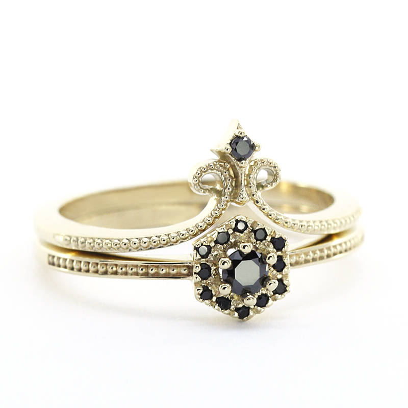 engagement ring, hexagonal ring, wedding band curved, black diamond engagement ring, diamond ring, wedding ring set, diamond, wedding ring - NOOI JEWELRY