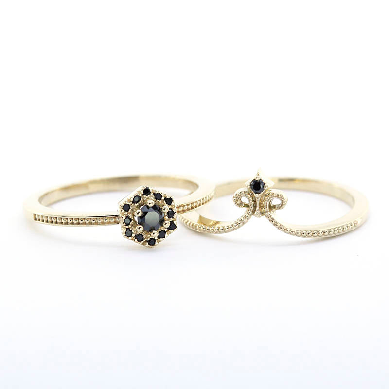 engagement ring, hexagonal ring, wedding band curved, black diamond engagement ring, diamond ring, wedding ring set, diamond, wedding ring - NOOI JEWELRY