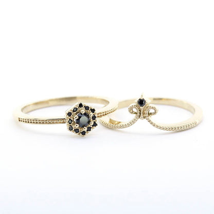 engagement ring, hexagonal ring, wedding band curved, black diamond engagement ring, diamond ring, wedding ring set, diamond, wedding ring - NOOI JEWELRY