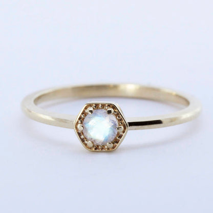 Moonstone Ring Hexagonal Ring, Gold Moonstone Ring Geometric Ring, Delicate Ring,Minimalist Ring,Promise Ring Stackable Ring,June Birthstone - NOOI JEWELRY