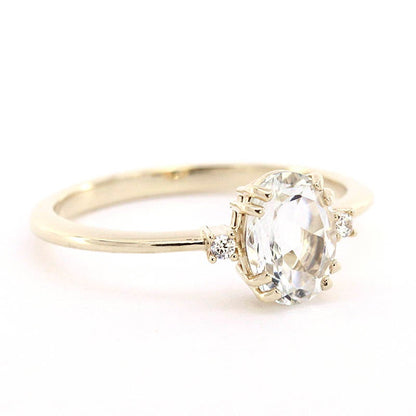 Oval engagement ring, three stone white topaz and diamond simple ring - NOOI JEWELRY
