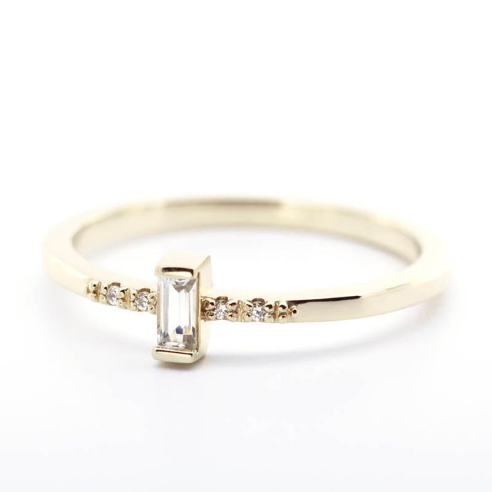 simple baguette ring with side stones | white topaz and diamond engagement ring - NOOI JEWELRY