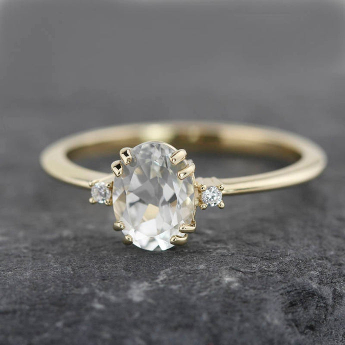 Oval engagement ring, three stone white topaz and diamond simple ring - NOOI JEWELRY