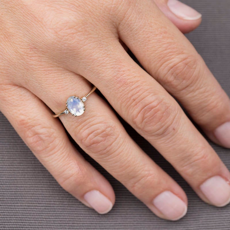 Moonstone Engagement Ring, Oval Engagement Ring, Simple ring, Delicate Ring, ClusEngagement ring Moonstone and diamonds ring - NOOI JEWELRY