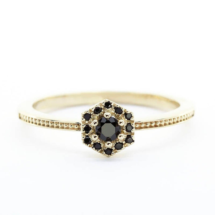 hexagonal engagement ring, Black diamond ring, Promise Ring, cluster Ring, Halo Diamond Ring, Cluster Ring  black   Diamonds, cluster ring - NOOI JEWELRY