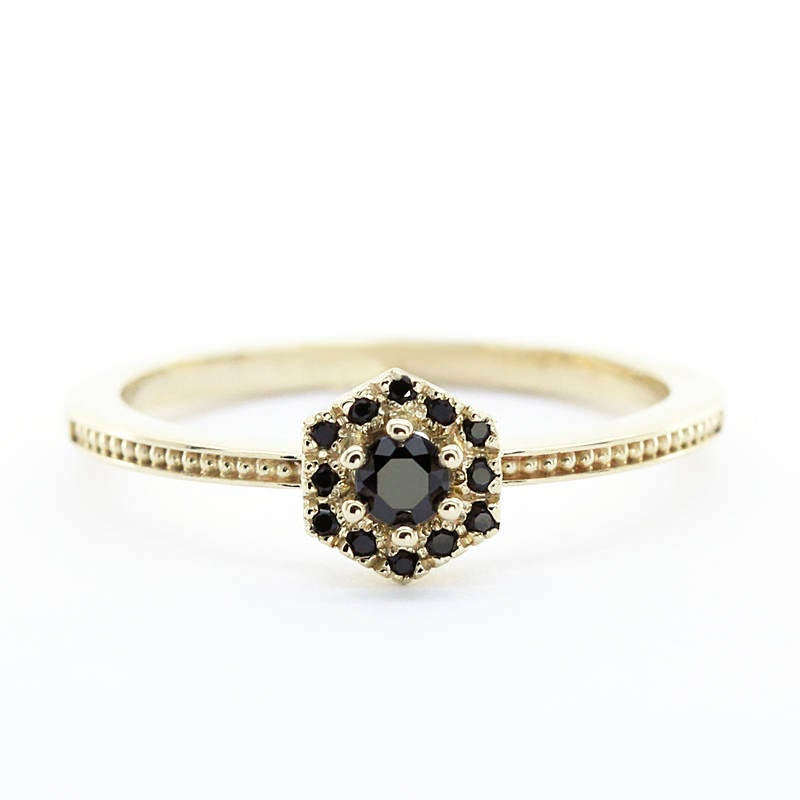 hexagonal engagement ring, Black diamond ring, Promise Ring, cluster Ring, Halo Diamond Ring, Cluster Ring  black   Diamonds, cluster ring - NOOI JEWELRY