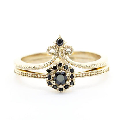 engagement ring, hexagonal ring, wedding band curved, black diamond engagement ring, diamond ring, wedding ring set, diamond, wedding ring - NOOI JEWELRY