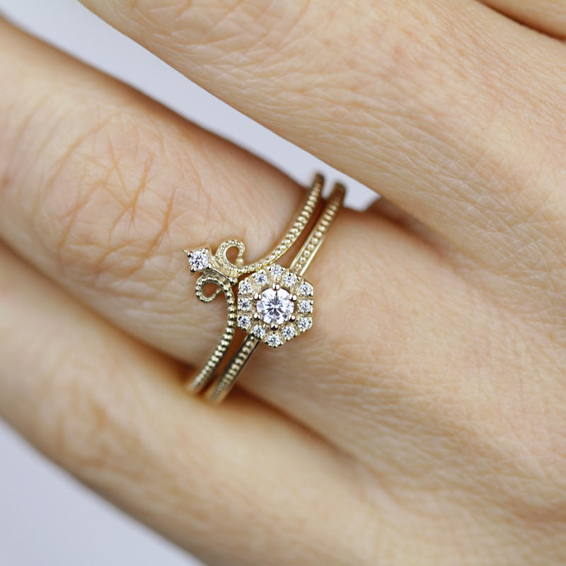 hexagonal ring, wedding band curved, engagement ring, Diamond Engagement Ring, Diamond Ring, Wedding Ring Set, Diamond, Wedding Ring - NOOI JEWELRY
