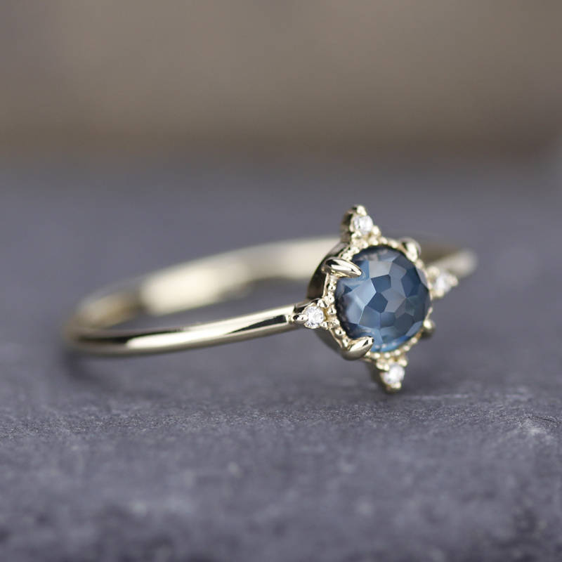simple engagement ring compass shape ring London blue topaz and diamonds - NOOI JEWELRY