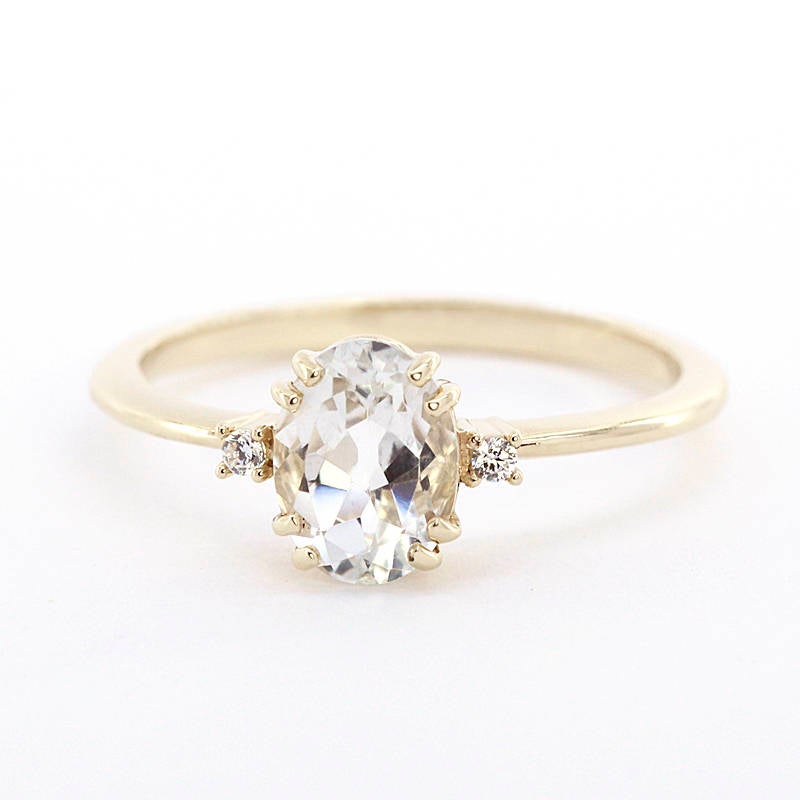 Oval engagement ring, three stone white topaz and diamond simple ring - NOOI JEWELRY
